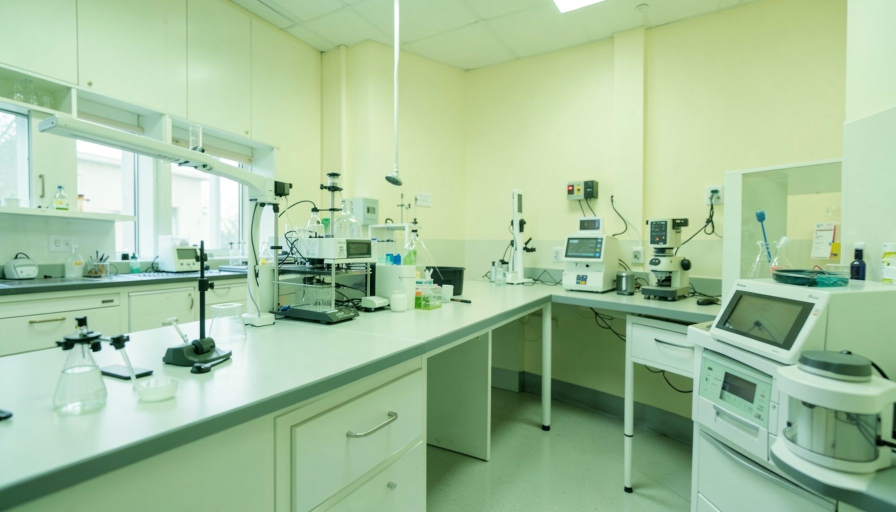 A calm laboratory workspace bathed in soft green and cream light, with clean counters and organized equipment suggesting careful, methodical routine