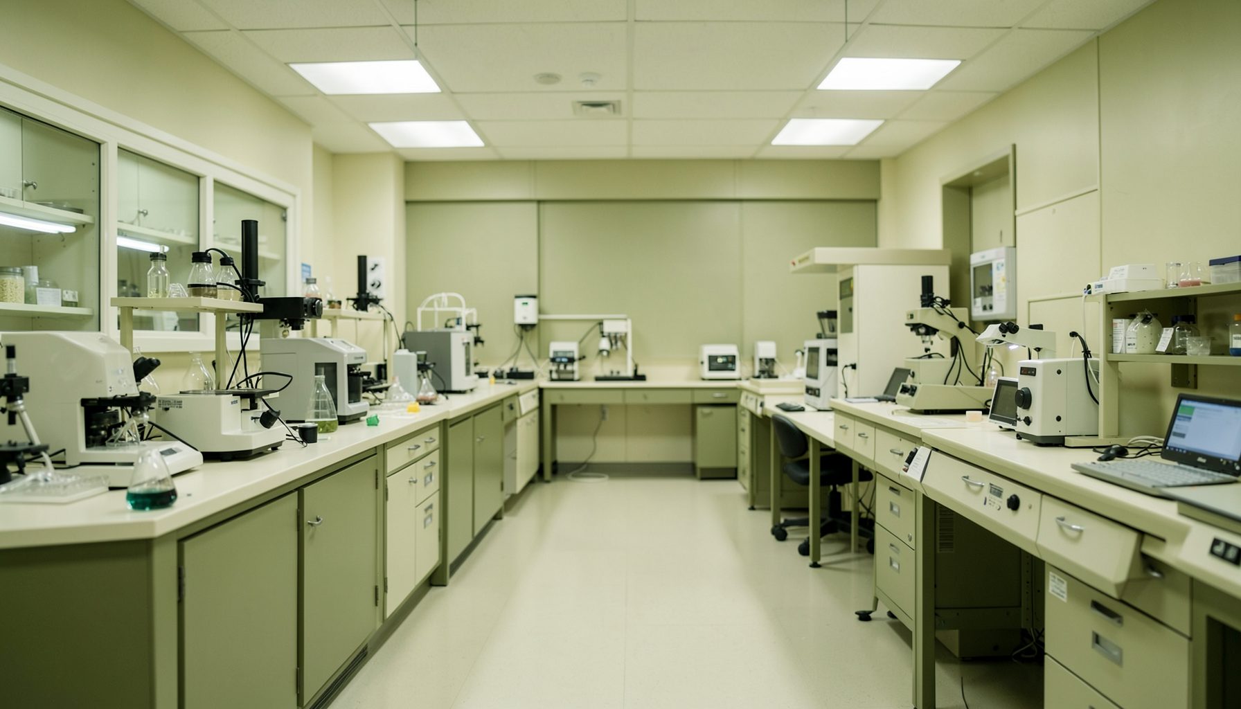 A calm laboratory workspace rendered in muted olive green and cream tones, with soft overhead light and neatly arranged instruments suggesting methodical quality work.