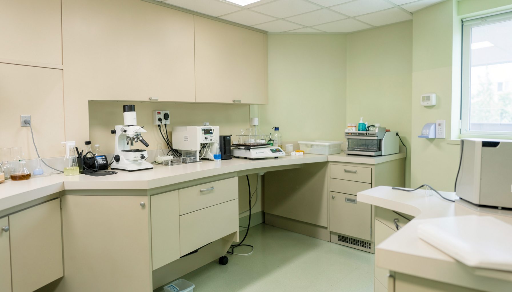 A clean, well-organized laboratory workspace with neutral beige and soft green tones, conveying a calm and professional atmosphere.