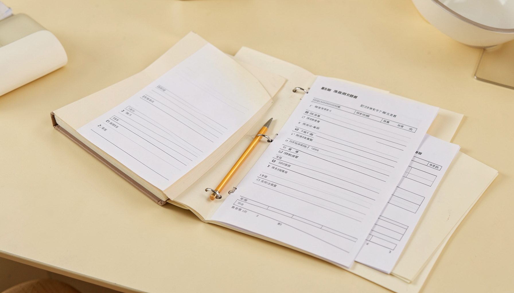 A tidy reference binder and checklist papers arranged on a warm cream desk, evoking a methodical, orderly, and quietly professional atmosphere