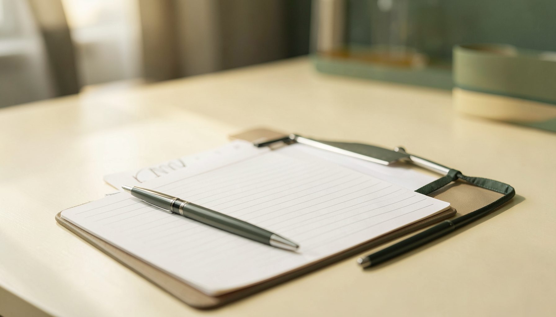 A softly lit desk with a notepad and pen beside a laboratory clipboard, warm cream and muted green tones, calm and professional.