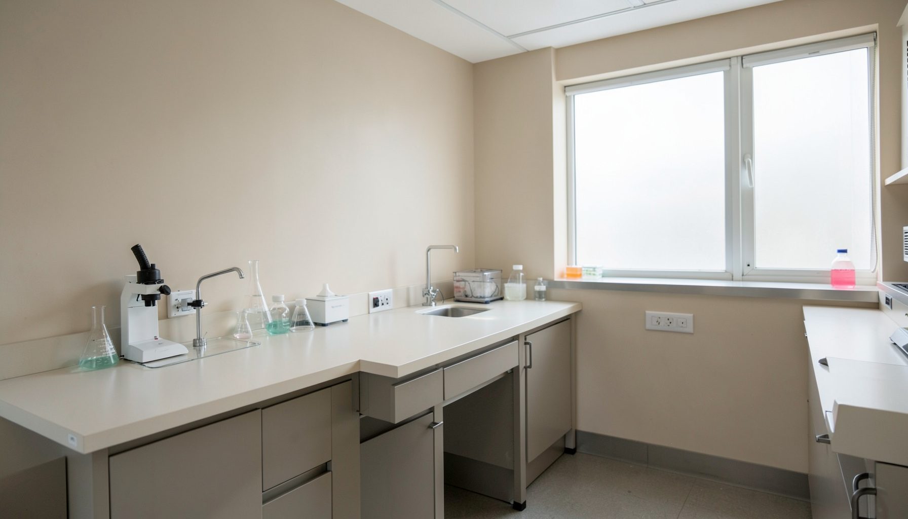 A clean, well-organized laboratory workspace with neutral beige walls, pale countertops, and soft natural light filtering through, conveying calm and methodical precision.